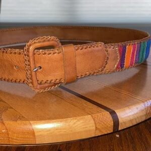 Guatemala Woven Multi Colored Tapestry Brown Leather Belt Large Artemaya 31-35”